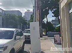 Hairy pussy and legs upskirt flashing on the street