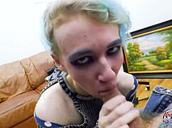 Petite blue haired girl fingers shaved twat then sucks juicy monster cock