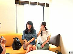 Manami's squirting threesome with older clerks floods Shibuya shop in wild creampie ride