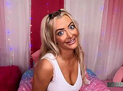 Busty blonde Linzee Ryder blows daddy cumshot roleplay taboo miniskirt fuck