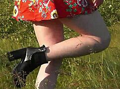 Brunette teen student flashes ass and hairy pussy doggystyle on wild beach no panties short dress public