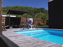 Neighbor spies my morning POOL YOGA then fucks me hard!