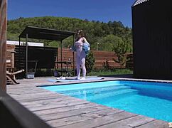 Neighbor spies my morning POOL YOGA then fucks me hard!