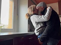 horny kitchen wife begs for pussy eating then doggystyle creampie with rabbit toy and natural tits