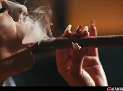 man this horny milf with huge tits is masturbating smoking her cigar then drops for a deep blowjob pov