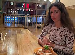 brunette teen kneels in sushi bar for public blowjob cum facial then eats rolls covered in cumwalk style