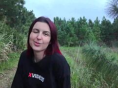 amateur latina redhead couple gets wild with big tits in outdoor public forest voyeur spot