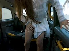 Fake taxi driver fucks shy former college student brunette in backseat cumshot