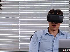 caught him jerking monster cock under desk now she rides it hard