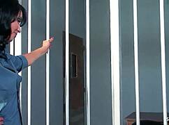 Female Police Officer Cougar with Big Fake Tits Seduces Guy for Femdom Fuck at Prison